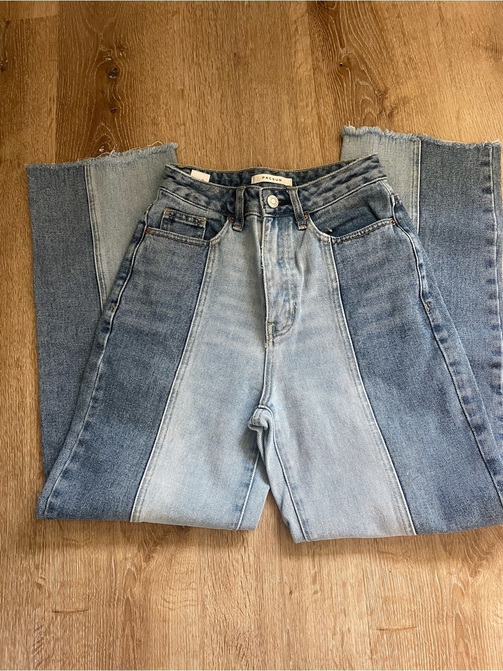 PacSun Patchwork High-Waist Flare Jeans in Light and Dark Blue